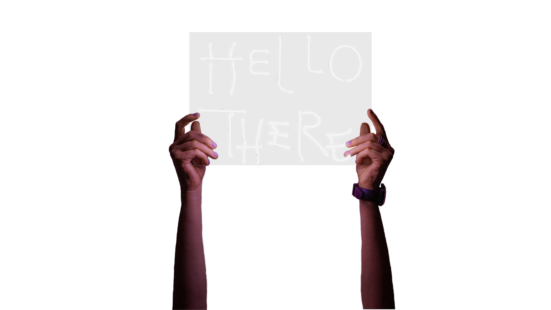 Women's hands hold up a transparent sign with the words “Hello There” written in bright letters. In the background, you can see a wall made of gray and orange triangular panels.