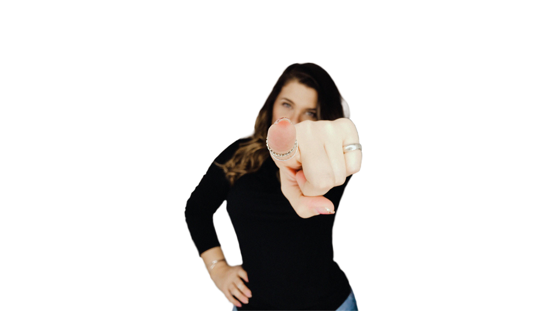 A woman is pointing at you!